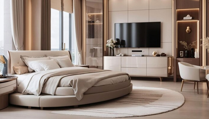 3d rendering luxury modern bedroom suite in hotel with tv and cabinet