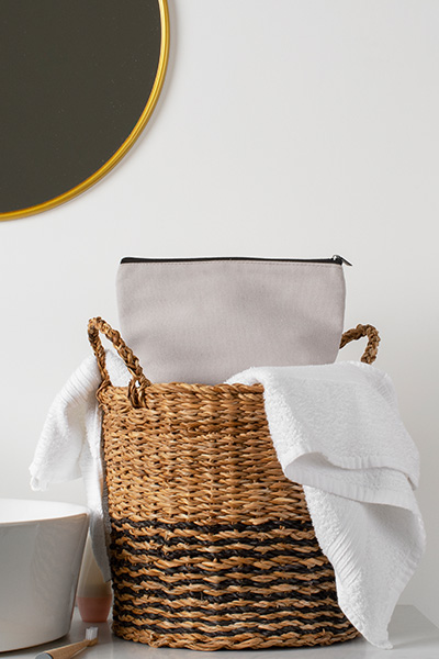 basket and container in bathroom