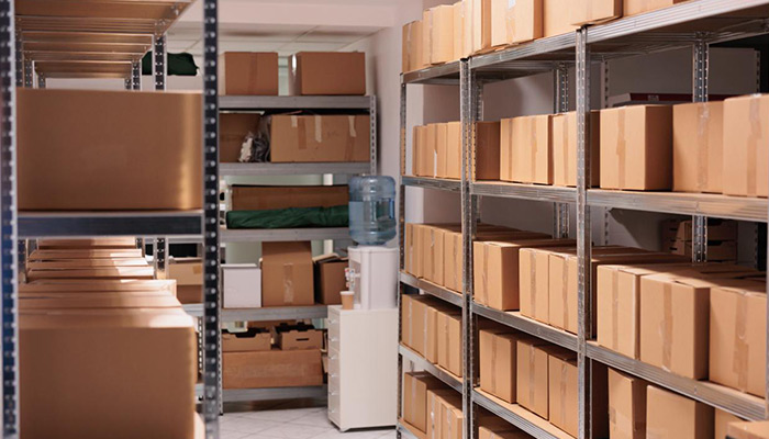 storage room with boxes neatly stacked