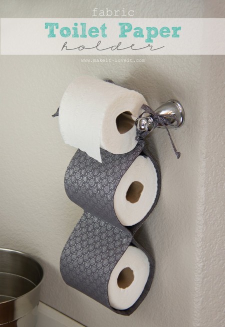a three-toilet-paper-roll storage solution made from fabric