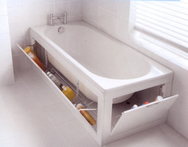 a white stowaway bath tub with built-in storage