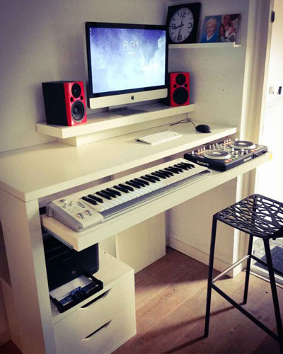 diy midi controller and keyboard storage made from ikea lack shelves, a linmon tabletop, drawer rails, and an LED