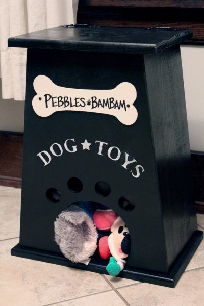 Dog toy storage options include baskets, bins, beds, and stairs