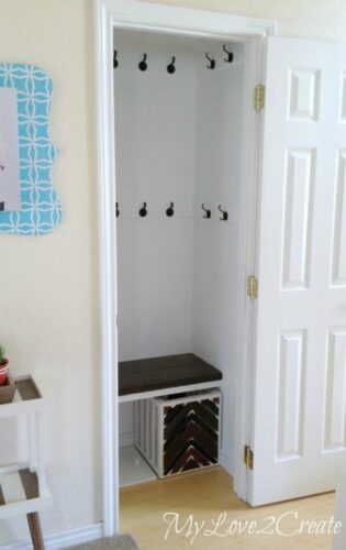 hall-closet-makeover-wall-hooks-bench-storage-crate