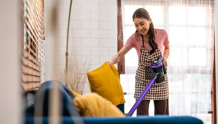 women cleaning indoors in living room