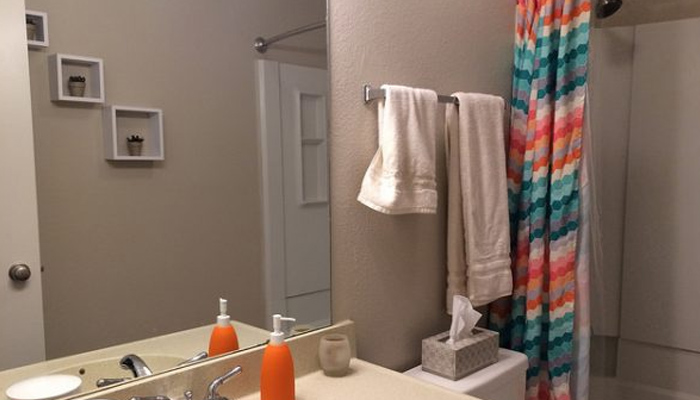 decluttered bathroom with clean mirror