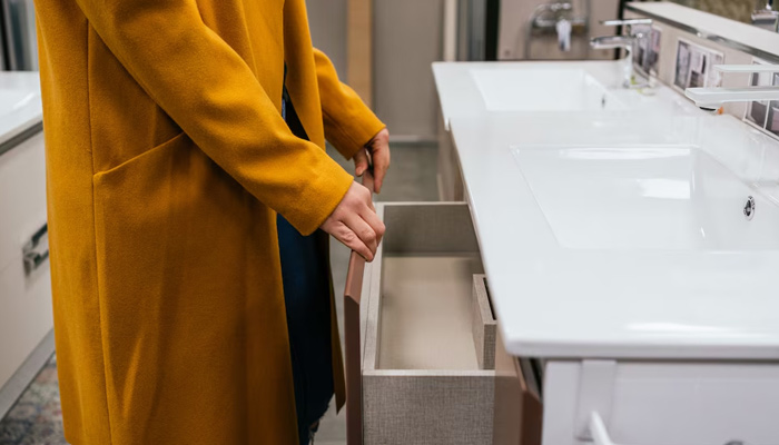 woman organizing bathroom