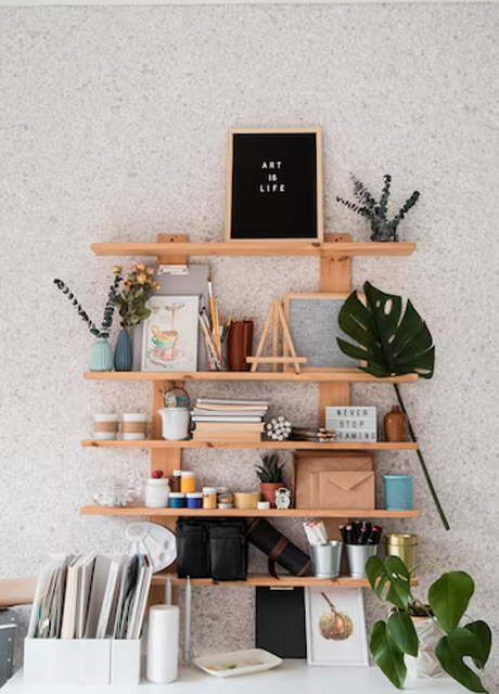 desk arrangement with shelves