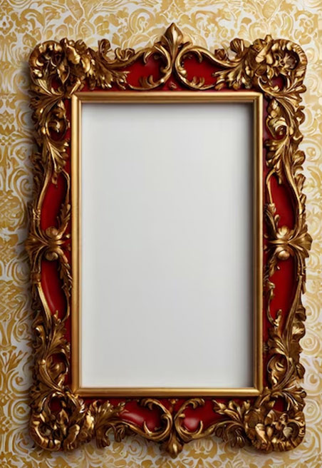 An antique gold frame with a red curtain