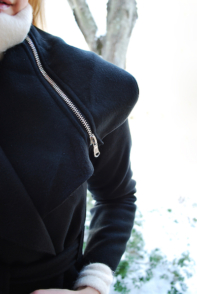 black wool coat with silver zipper