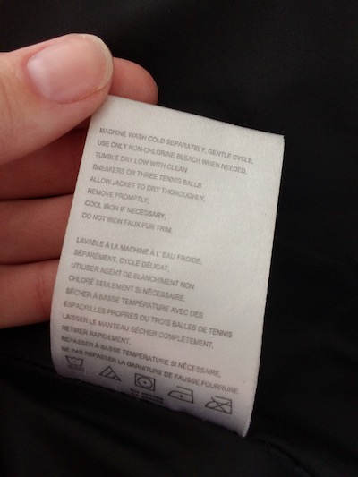 laundry care tag in coat