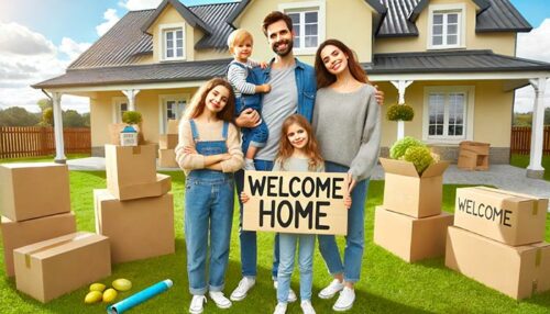 Happy family with moving boxes outside home