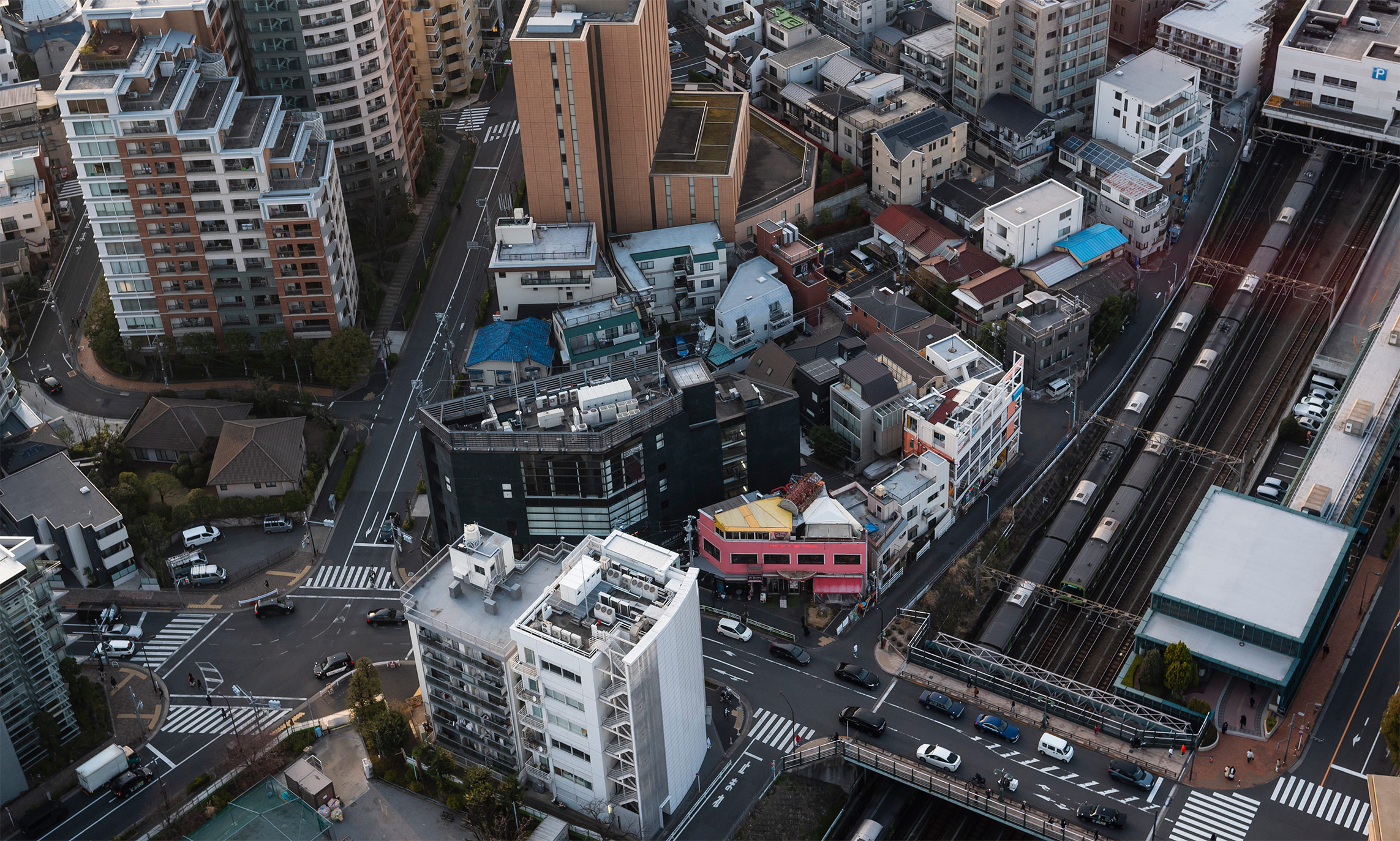 Complex aerial view of cityscape