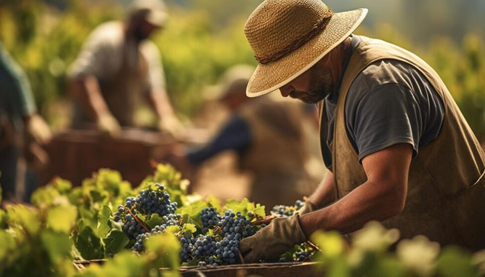 farmer picking wine grapes in santa maria