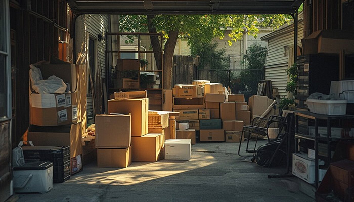 A house garage with multiple storage boxes