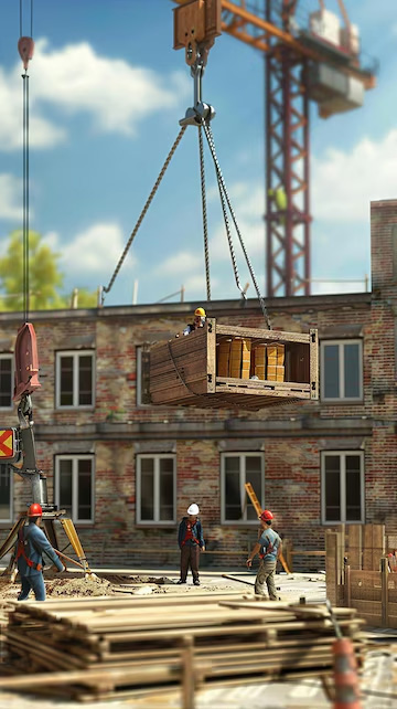 House under construction with a crane and workers