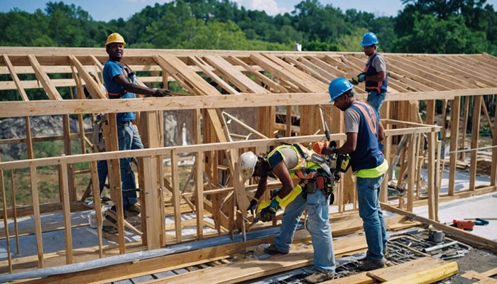 Construction workers framing a house on-site