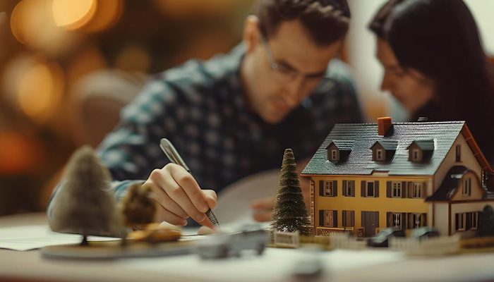 Couple in a discussion behind a miniature wooden model house