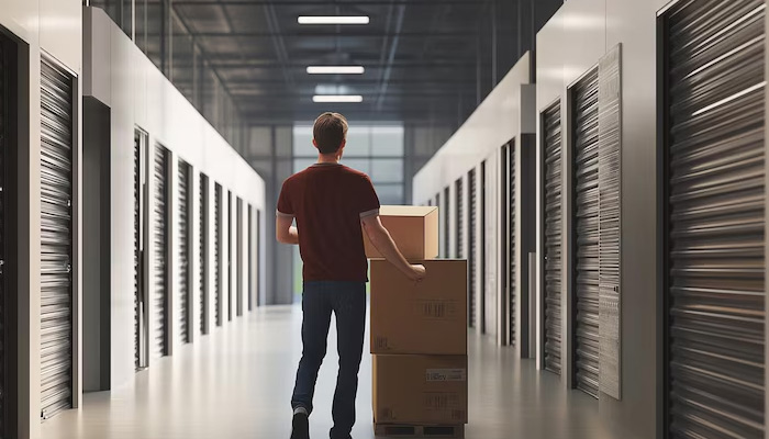 A man with a stack of boxes at a storage facility