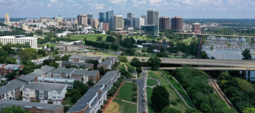 Beautiful shot of Richmond, Virginia skyline with a cloudy blue sky