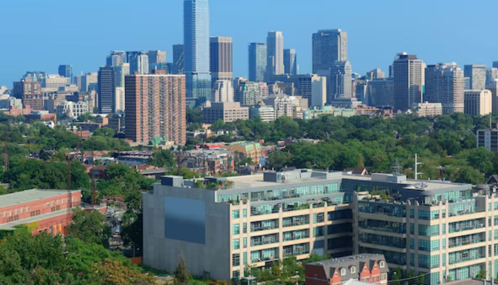 city skyline view with park and urban buildings