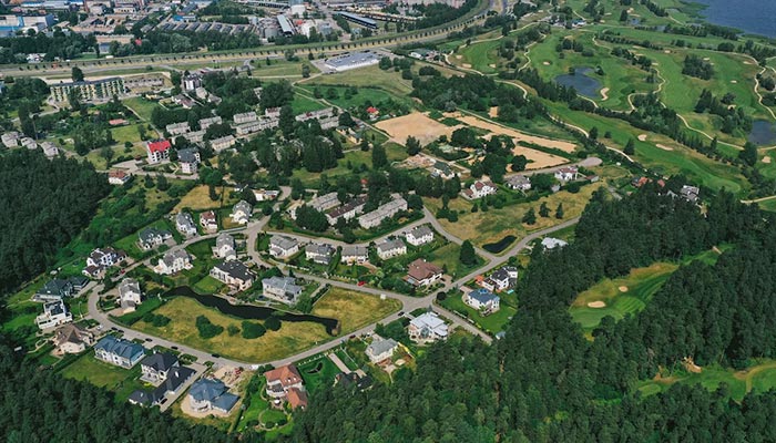 Aerial view of village near the sea