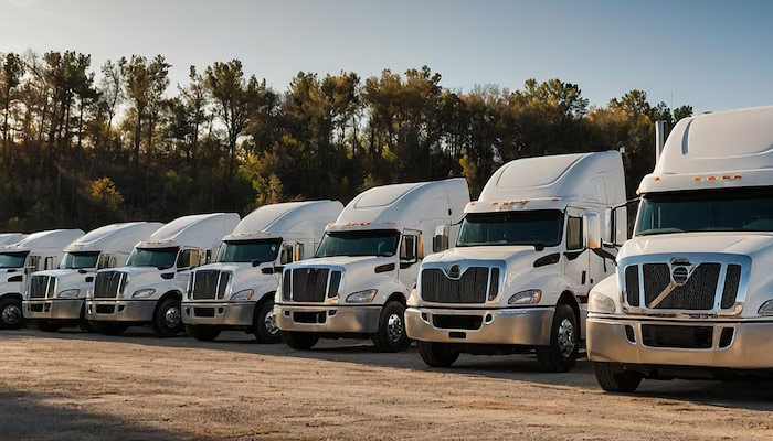 a row of trucks parked in a row