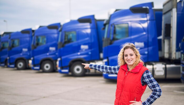 Female trucker standing in front of parked trucks