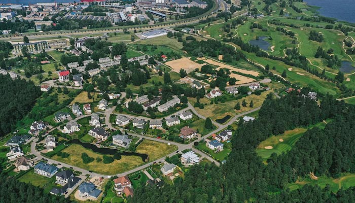 Aerial view of village near the sea