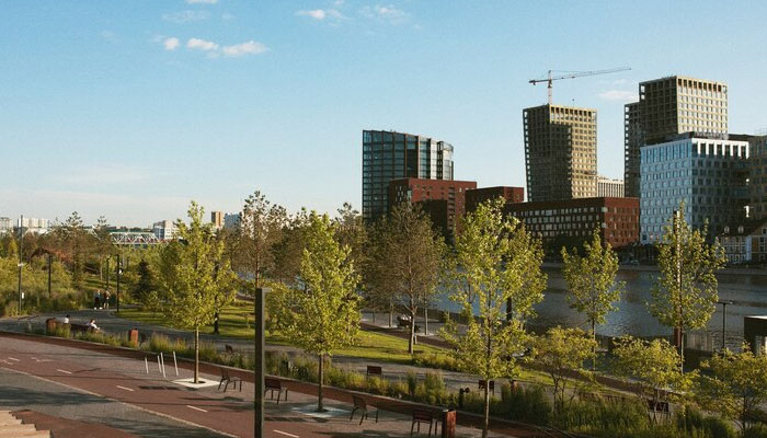 Analog city landscape with buildings in daylight