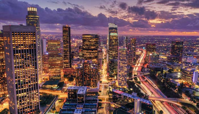 Aerial shot of Los Angeles at night