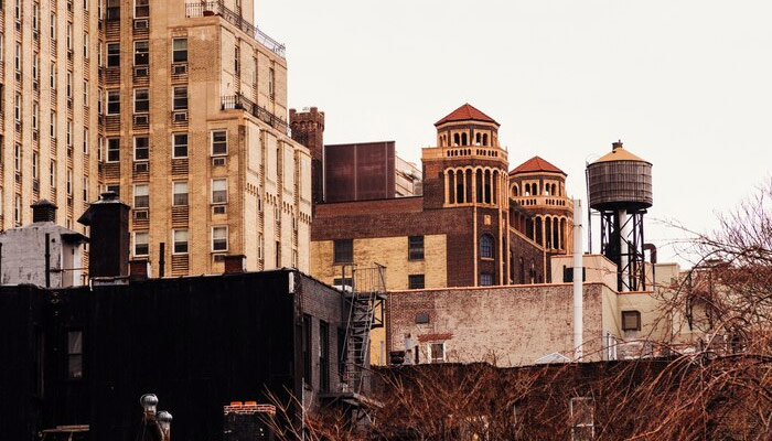 old buildings and water tower