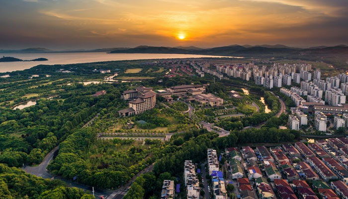 Beautiful cityscape at sunset with a serene sky