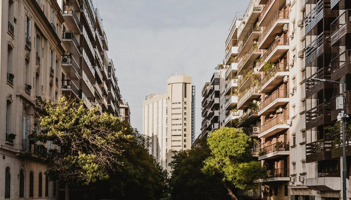 City street with concrete buildings and trees