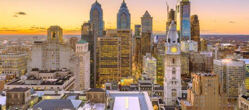 A sunset view of the city of Philadelphia