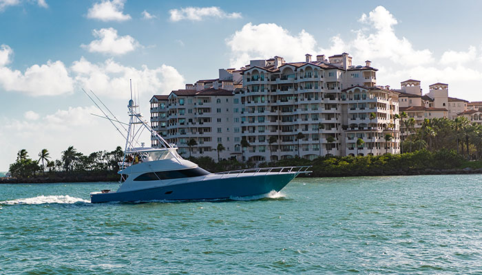 Luxury yacht near building, Miami