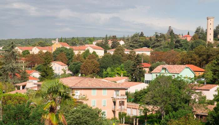 Scenic landscape with lush greenery and traditional houses