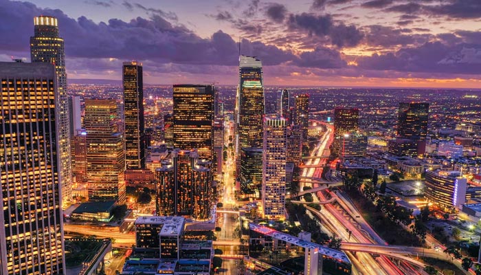 Aerial shot of Los Angeles at night